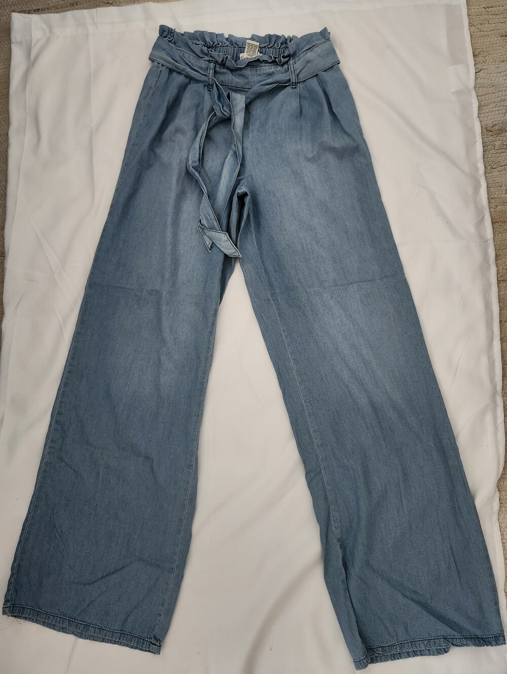 Wide Leg Paperbag Waist Pants in Light Denim Blue